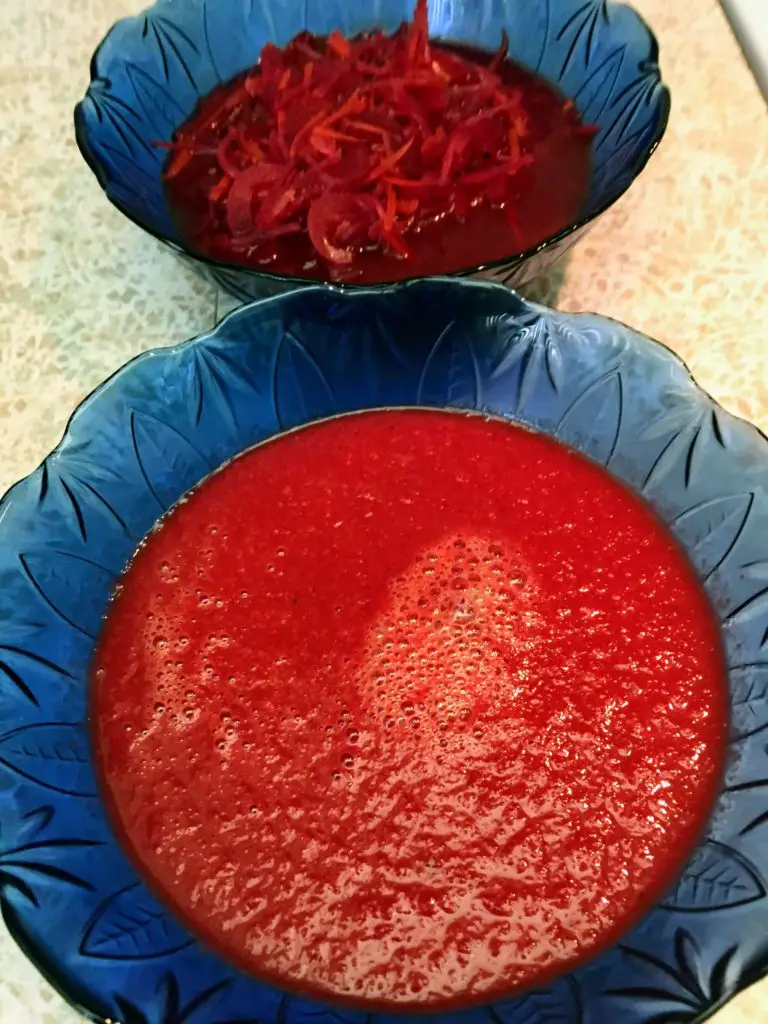 bowls of blended and chunky victory borscht