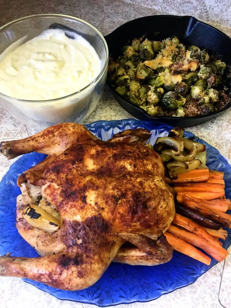 paprika roast chicken with celery root puree and brussels sprouts