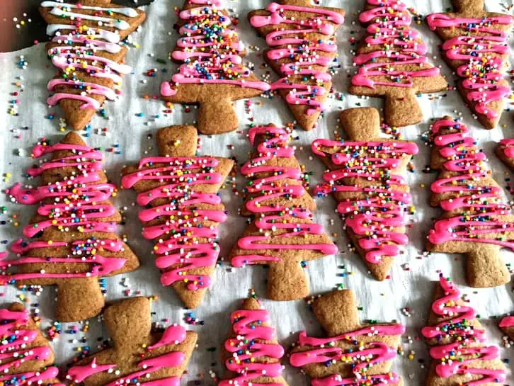 pink gingerbread christmas trees with sprinkles