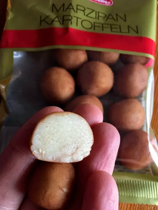 cross-section of a marzipan potato German Christmas treats