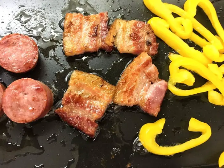 sausage bacon and yellow peppers