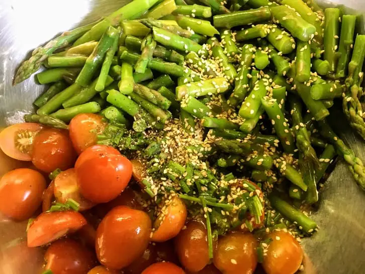ingredients for asparagus and cherry tomato salad