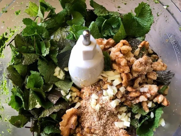 pesto ingredients in food processor bowl