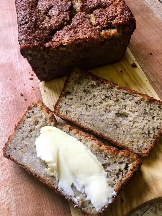 sourdough bourbon banana bread loaf and slices