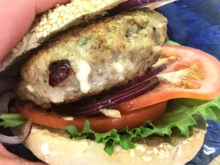 cranberry feta turkey burger on a kaiser roll