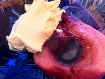 homemade vanilla ice cream and red wine poached pears